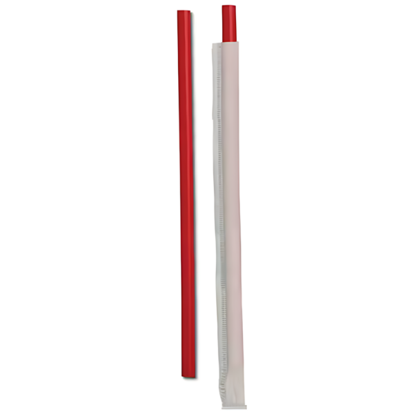 Two giant red drinking straws—one unwrapped and one in white paper—displayed vertically on a white background.