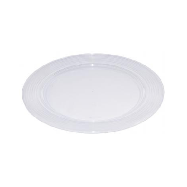 Angled view of a clear 10-inch round plastic plate with decorative rings, highlighting its lightweight, disposable design.