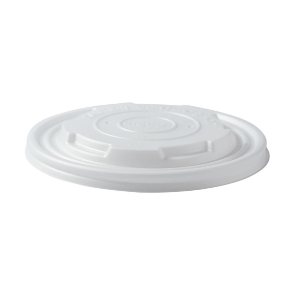 Side view of a compostable lid displaying its low-profile, circular shape with raised center and molded grip edges.