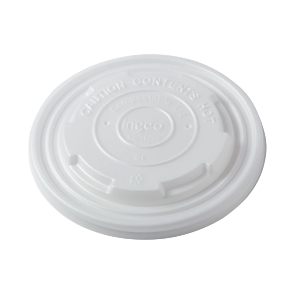 Angled view of a white compostable food container lid showing its contoured, vented design and secure rim for snap-on fit.