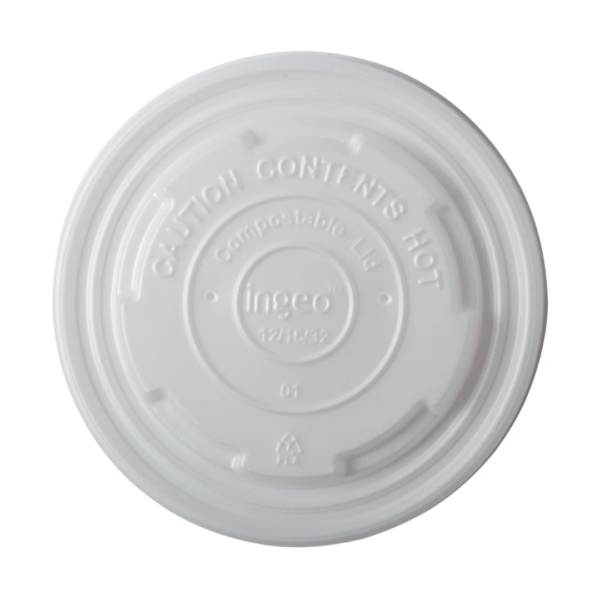 Top-down view of a clear compostable lid labeled “Caution Contents Hot” and “Ingeo,” designed to fit 12–32 oz. paper food containers.