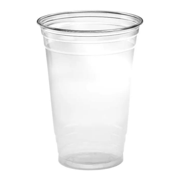20 oz clear PET plastic cup with a rolled rim, shown empty and upright on a white background, suitable for cold beverages.