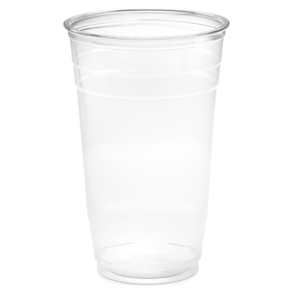 24 oz clear PET plastic cup with a rolled rim and tall, tapered design, ideal for serving large cold beverages like iced coffee, smoothies, and sodas.