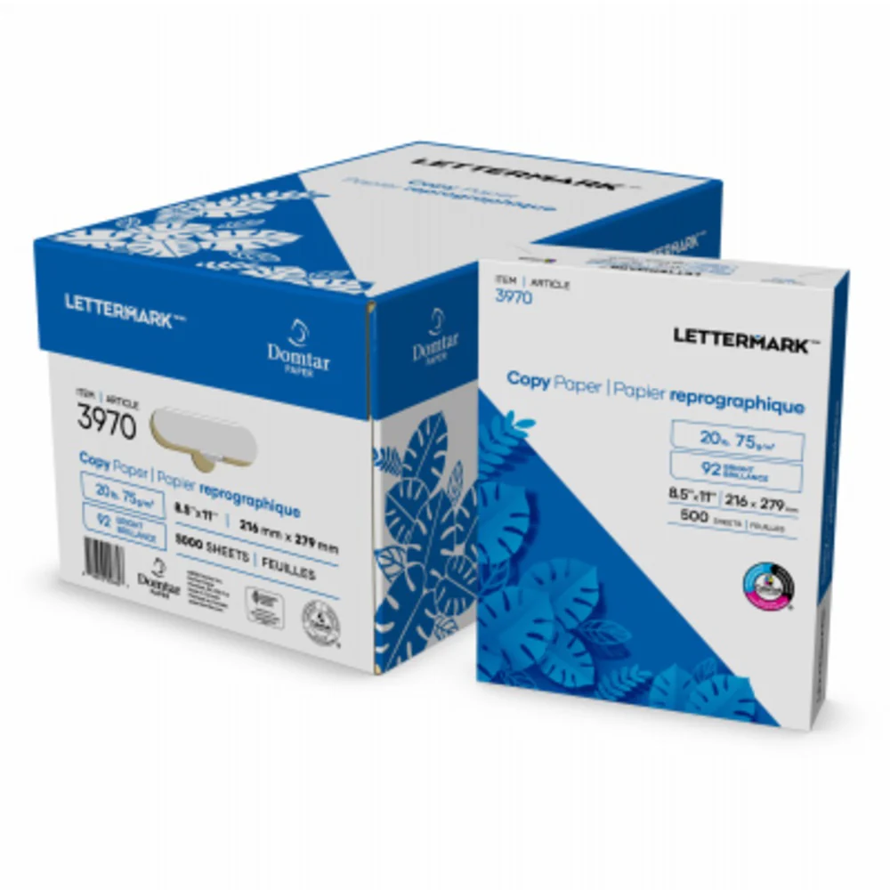 Domtar Lettermark copy paper case and ream, showing 8.5 x 11 size, 20 lb weight, 92 brightness, with blue and white packaging design.