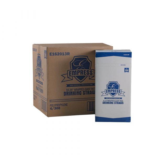 Master case of Empress straws shown with an inner retail pack beside it, designed for bulk foodservice use.