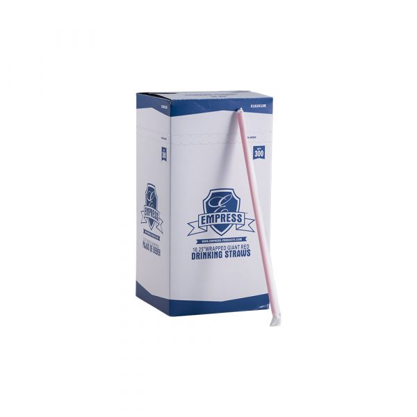 Retail box labeled “Empress Giant Drinking Straws” with a single red wrapped straw leaning against the front.
