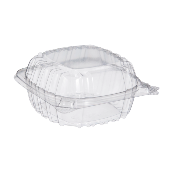 Small clear plastic clamshell container shown empty, with a hinged lid and ribbed sides for secure closure.