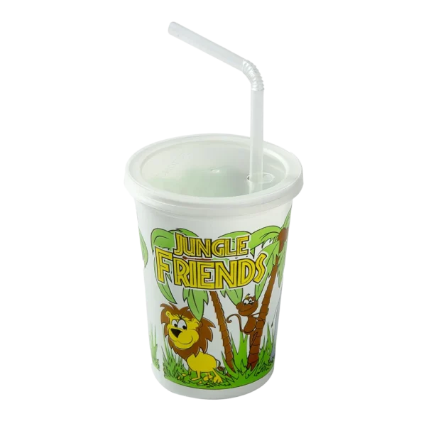 12 oz. plastic kids cup with a "Jungle Friends" design, featuring cartoon animals, a clear snap-on lid, and a flexible straw. Ideal for child-friendly beverage service.
