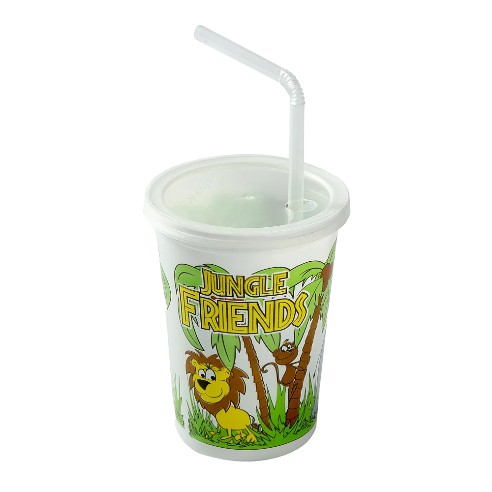 12 oz. plastic kids cup with a "Jungle Friends" design, featuring cartoon animals, a clear snap-on lid, and a flexible straw. Ideal for child-friendly beverage service.