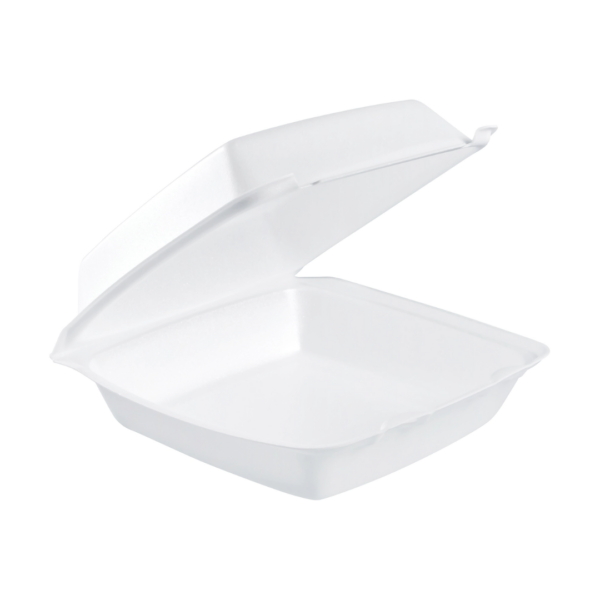 White 8"x8" White Foam Hinged Carryout Container shown open and empty, highlighting its single-compartment design and hinged lid.