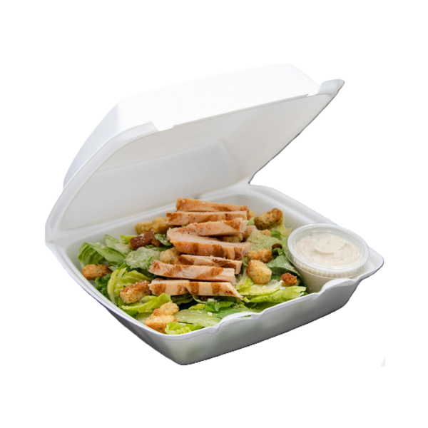8"x8" White Foam Hinged Carryout Container holding a Caesar salad with grilled chicken and a portion cup of dressing, displayed open for easy viewing.