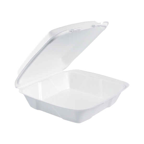 White foam hinged container with a single large compartment, shown open and empty to highlight its spacious interior.