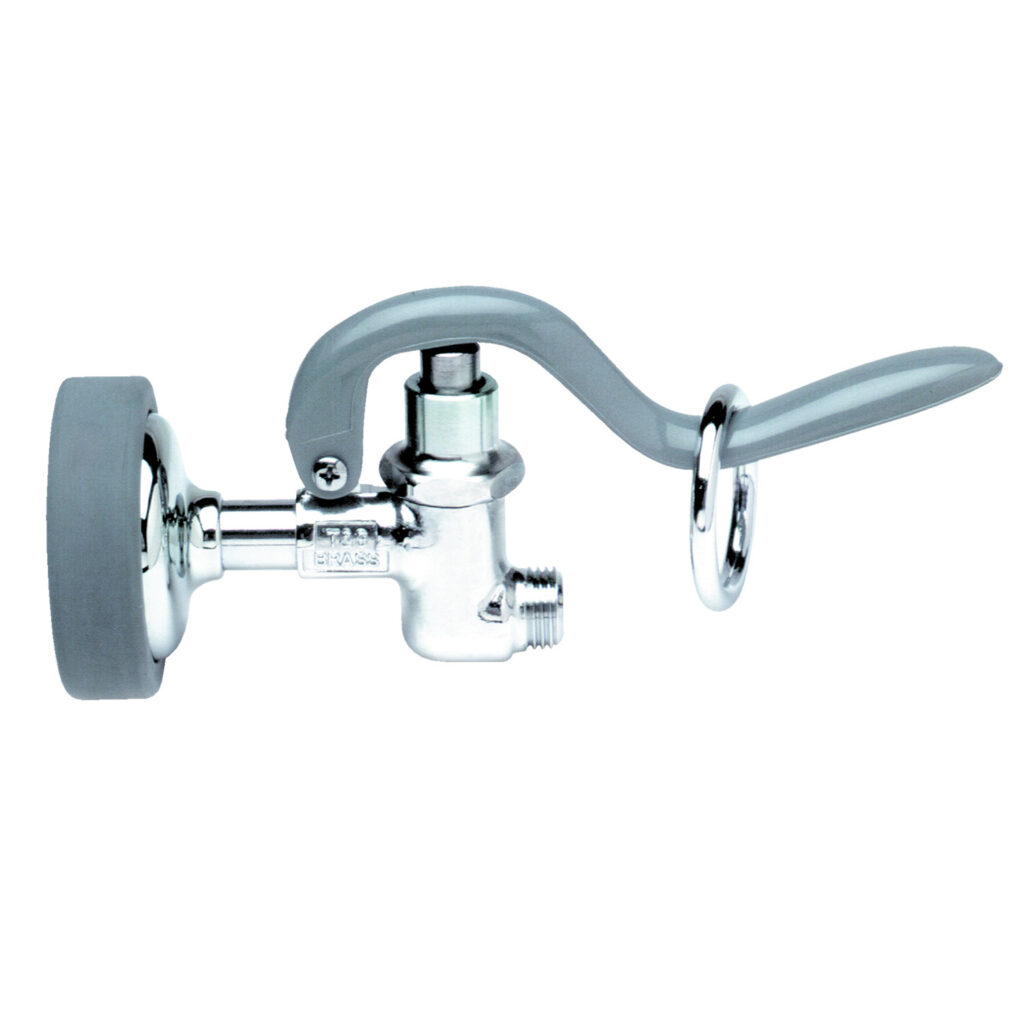 Commercial spray valve with a gray rubber bumper and gray handle, featuring a DOE-compliant spray face and a metal ring for hanging or securing.