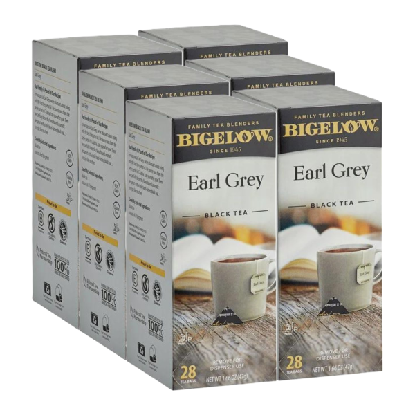 Six boxes of Bigelow Earl Grey Black Tea, each containing 28 individually wrapped tea bags, with gray and white packaging featuring a steaming mug and open book.