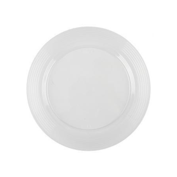 Top view of a clear 10-inch round plastic plate featuring subtle decorative rings around the rim, displayed on a white background.