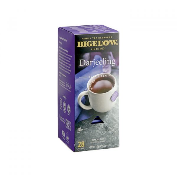 Box of Bigelow Darjeeling Black Tea containing 28 individually wrapped tea bags, featuring a white cup of tea on purple and gray-themed packaging.