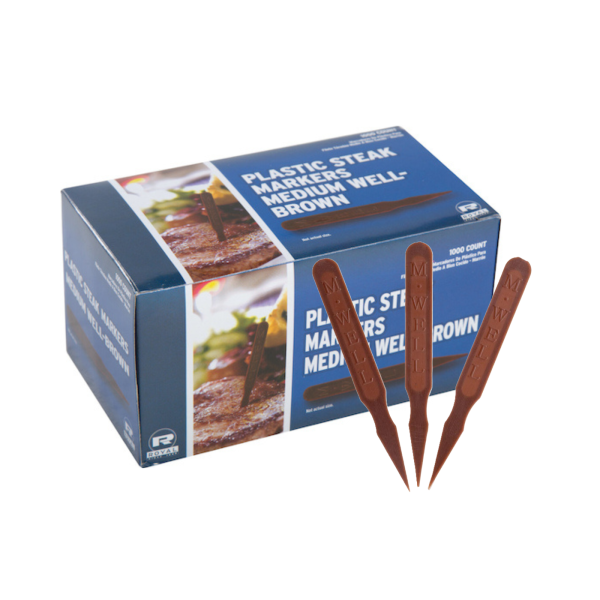 Box labeled “Plastic Steak Markers – Medium Well – Brown” with three brown steak markers displayed in front, shown on a white background.