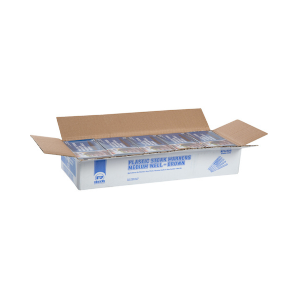 Open cardboard master case revealing five inner packs of brown 'Medium Well' steak markers in branded retail boxes.