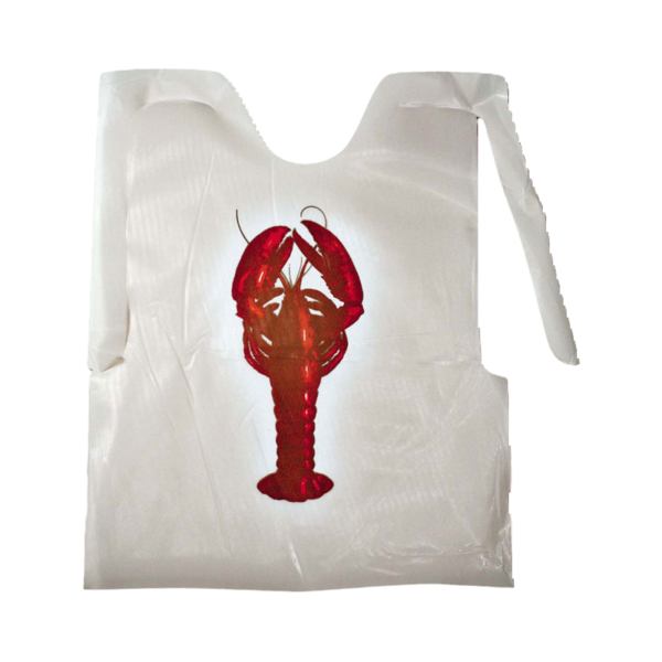 Disposable adult lobster bib with tie straps and a large red lobster graphic printed on the front, shown laid flat on a white background.