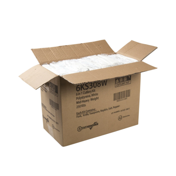 Medium Weight Polystyrene Cutlery Kit White Fork/Teaspoon/Knife/12"x13" Napkin/S&P 250/Case - Image 2