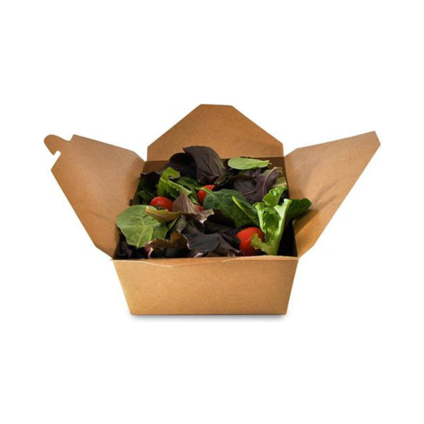 Open #3 kraft folded takeout box filled with mixed greens and vegetables, displaying its grease-resistant interior and spacious capacity.