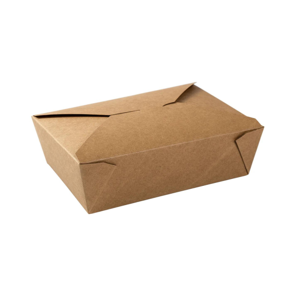 Closed #3 kraft folded takeout box with natural brown finish, showing its secure, interlocking flaps and sturdy paperboard design.
