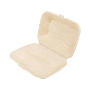 Empress Earth 9"x6" natural white hinged hoagie container made from molded fiber, shown open to reveal its single compartment interior.