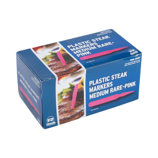 Retail box labeled “Plastic Steak Markers – Medium Rare – Pink” with product images and branding, shown closed on a white background.