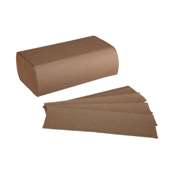 Stack of brown kraft multifold towels with several sheets fanned out, displayed on a white background.