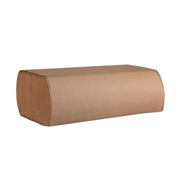 Single stack of kraft brown multifold paper towels shown on a white background.