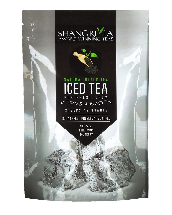 Package of Shangri-La Award Winning Natural Black Iced Tea, featuring bold text indicating sugar-free, preservative-free tea that steeps 12 quarts, with six 1/2 oz. filter packs.