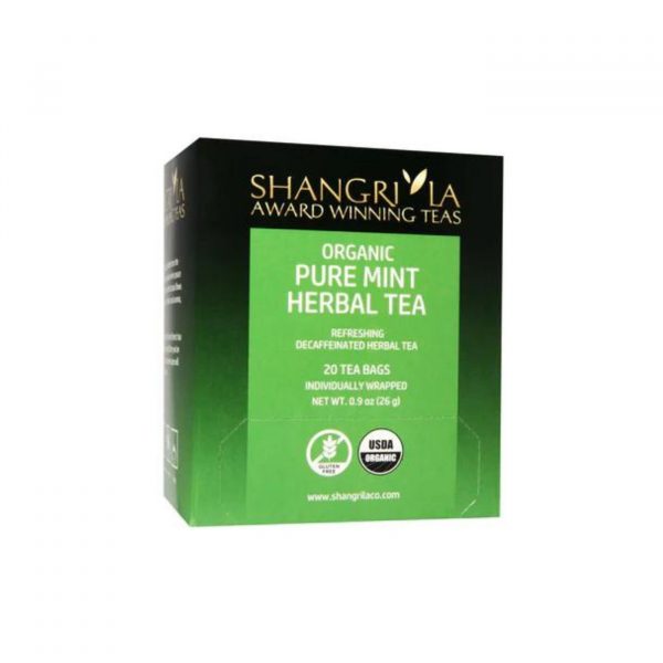 Six boxes of Shangri La Organic Pure Mint Herbal Tea, each containing 20 individually wrapped, USDA Organic certified tea bags made with refreshing peppermint.