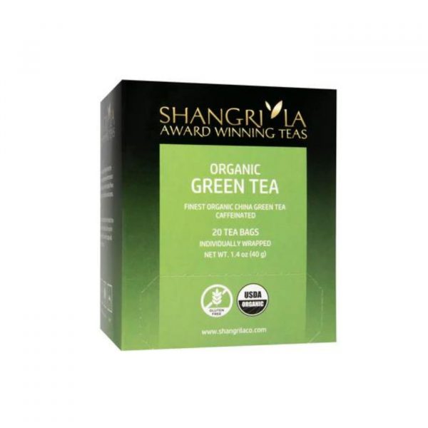 Single box of Shangri La Organic Green Tea containing 20 individually wrapped tea bags. Labeled USDA Organic and made with premium China green tea.
