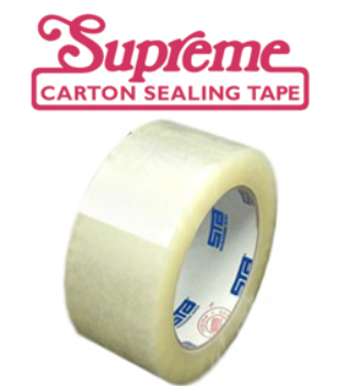 Clear 2.8mil Industrial Heavy-Duty Carton Sealing Tape roll with strong hot melt adhesive. Tear-resistant and durable for secure packaging, shipping, and storage. Branded as Supreme Carton Sealing Tape for high-performance sealing needs.