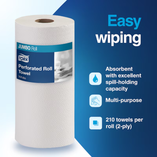 Tork Jumbo Perforated White Kitchen Roll Towel, 210 Sheets - 12 Rolls/Case - Image 2