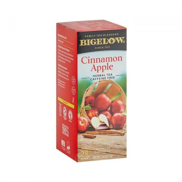 Box of Bigelow Cinnamon Apple Herbal Tea containing 28 individually wrapped tea bags, with red and light blue packaging featuring a basket of red apples and cinnamon sticks.