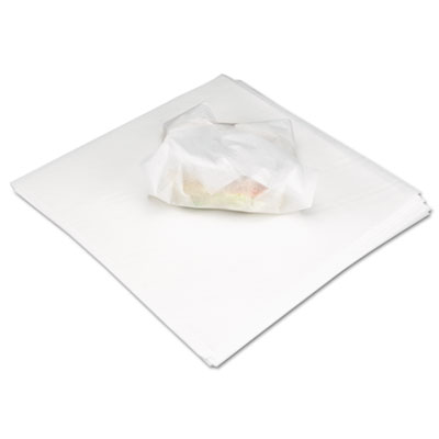 Stack of 12" x 12" white dry wax sandwich wrap sheets, with one sheet wrapping a sandwich. Grease-resistant and durable, ideal for wrapping sandwiches, burgers, or lining food baskets.