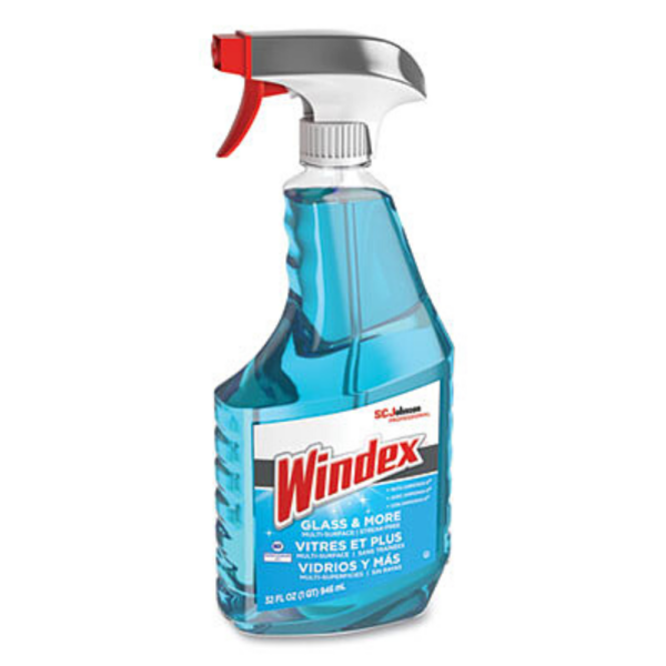A single bottle of SC Johnson Windex Glass & More Multi-Surface Cleaner with a red and gray trigger spray nozzle. The transparent bottle contains blue cleaning solution, and the front label displays the Windex logo along with product details.