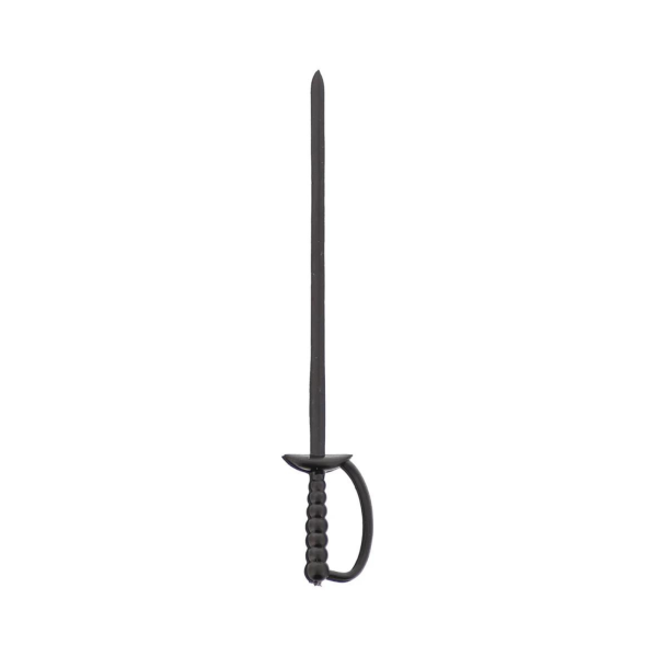 Single black plastic sword pick with a detailed handle and pointed end, displayed vertically on a white background.