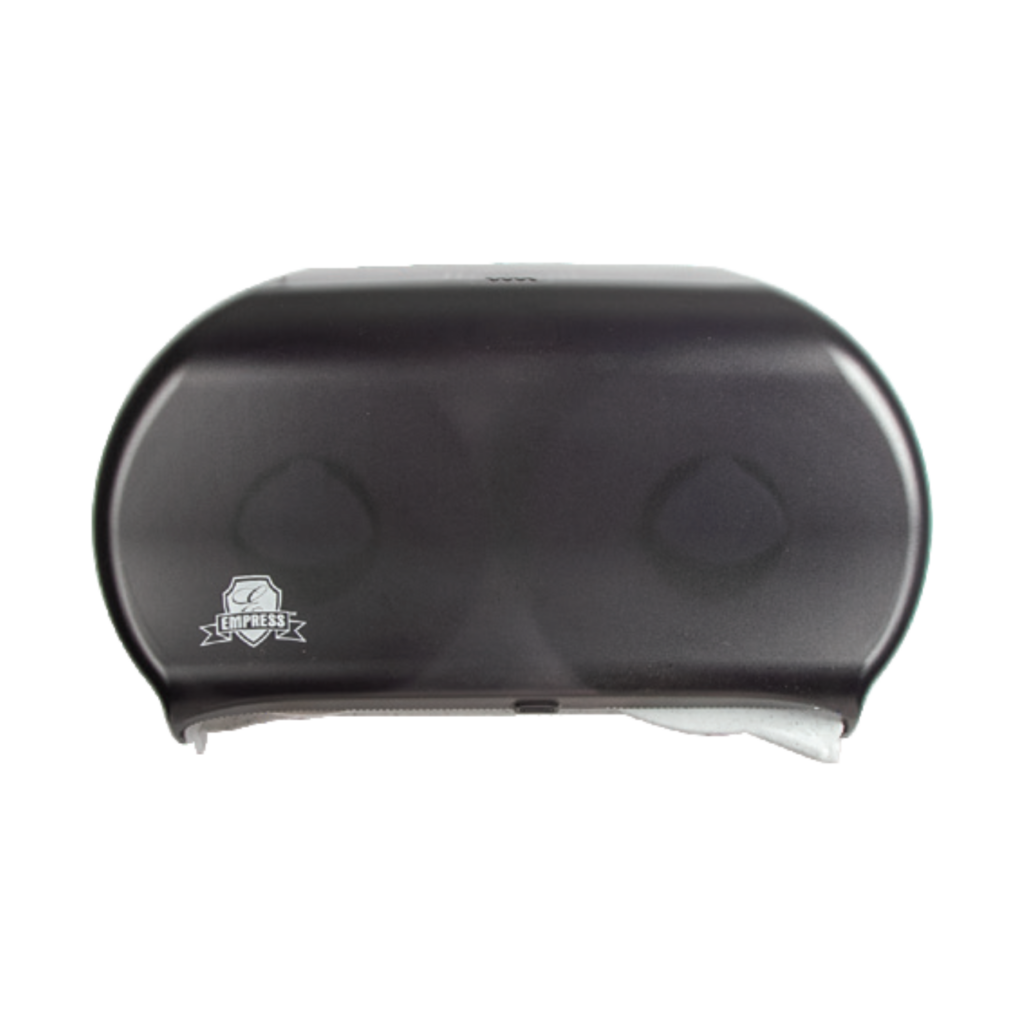 Black Empress twin jumbo tissue dispenser with translucent front cover, showing space for two 9-inch rolls and the Empress logo in the corner.