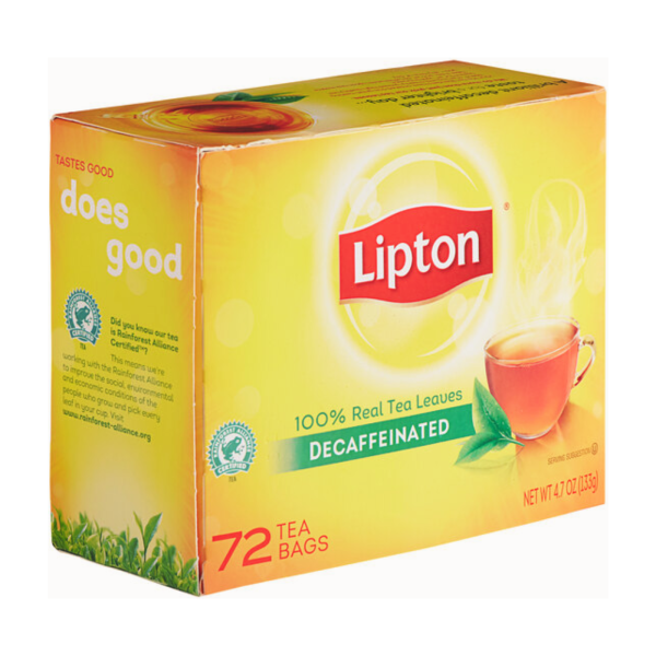 Box of Lipton Decaffeinated Tea containing 72 individually wrapped tea bags, labeled with '100% real tea leaves' and 'decaffeinated' on bright yellow packaging.