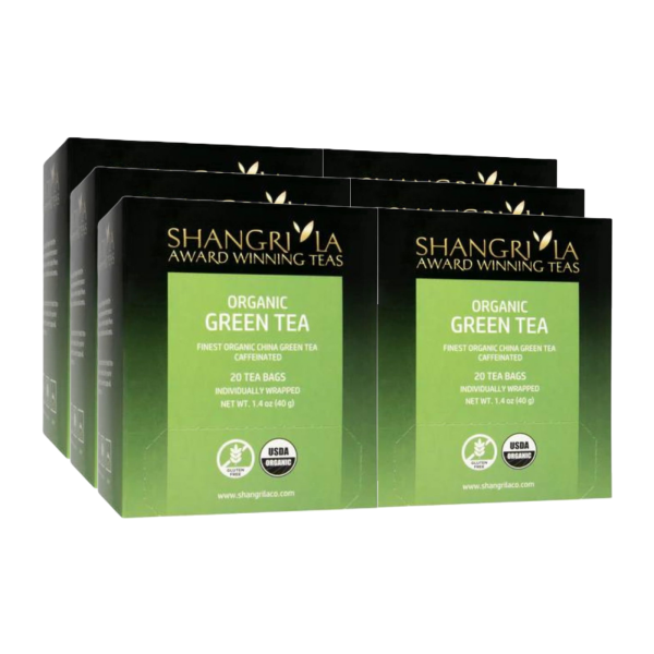 Six boxes of Shangri La Organic Green Tea, each containing 20 individually wrapped tea bags. USDA Organic certified, made with premium organic China green tea.