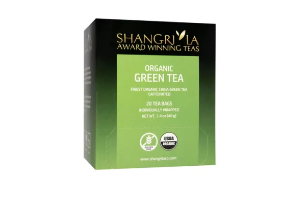Box of Shangri La Organic Green Tea containing 20 individually wrapped tea bags. Labeled as USDA Organic and made with premium organic China green tea.