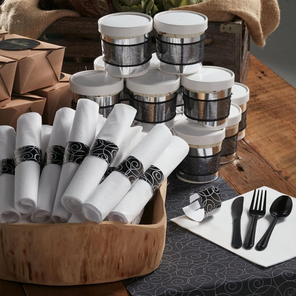 Pre-Rolled White Napkin Heavy Weight Black Knife, Fork, Teaspoon - 100/Case - Image 3