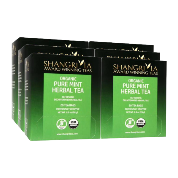 Six boxes of Shangri La Organic Pure Mint Herbal Tea, each containing 20 individually wrapped, USDA Organic certified tea bags made with refreshing peppermint.