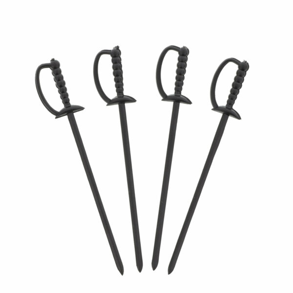 Four black plastic sword picks arranged in a fan shape, each featuring a sword-style handle, shown on a white background.