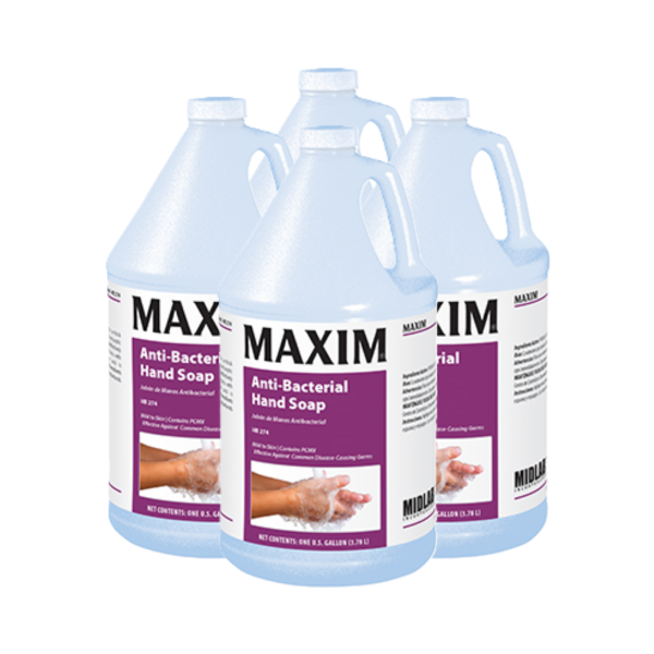 A case of four 1-gallon bottles of Midlab Inc. Maxim Anti-Bacterial Hand Soap with a purple and white label, designed for effective germ protection and a refreshing melon scent, ideal for commercial and high-traffic environments.