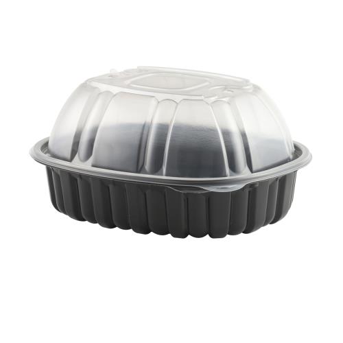 Black Anchor Packaging Large Vented Chicken Roaster Combo Pack with a clear, domed vented lid. Designed for hot food storage, it maintains freshness while allowing steam to escape. Ideal for takeout and deli displays.