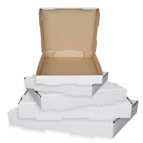 Stack of white corrugated pizza boxes, with one box open showing the brown interior. Designed for sturdy support and secure transport of pizzas, ideal for takeout and delivery.