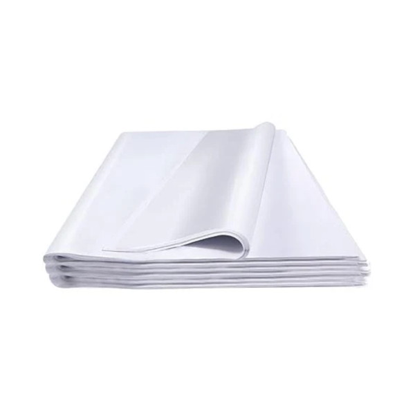 Stack of 20"x30" white tissue paper, ideal for gift wrapping, retail packaging, and crafts. Soft, lightweight, and professional in appearance.